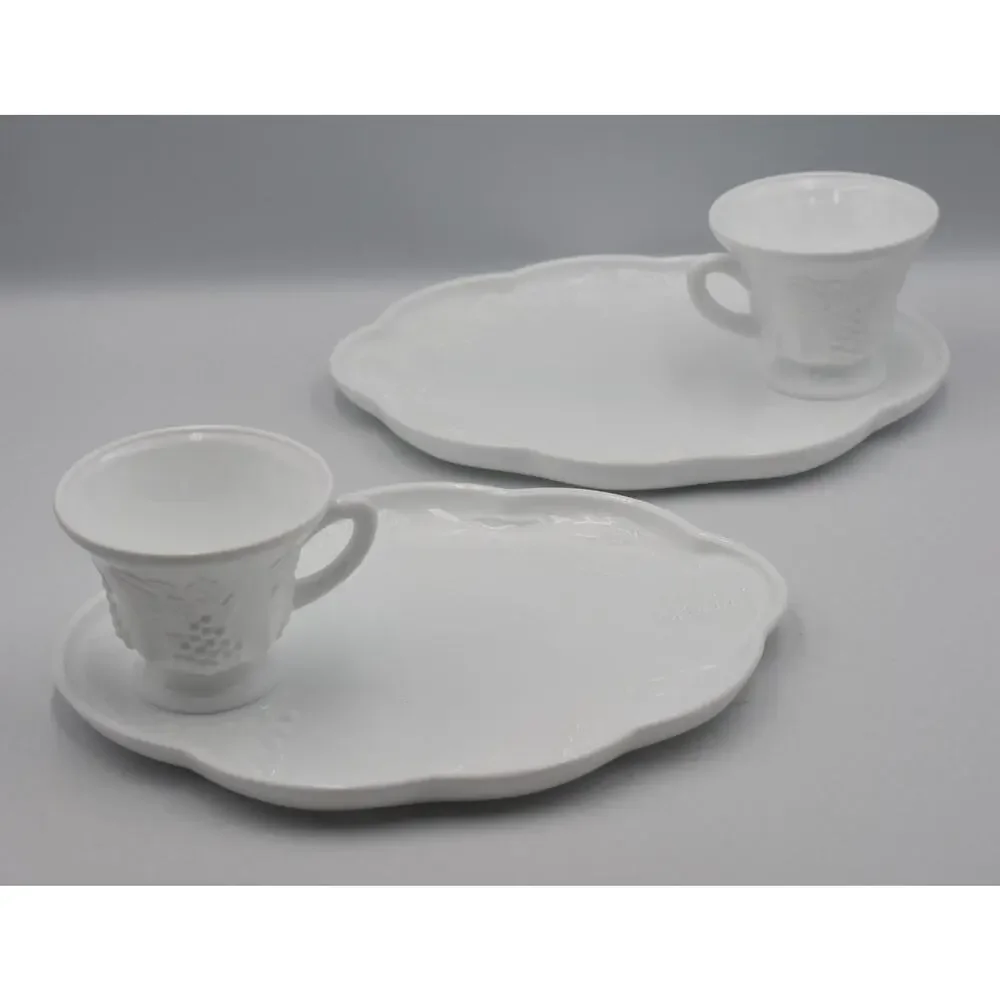Indiana Colony White Harvest Milk Glass Grape Luncheon Snack Tray & Cup 4pc Set